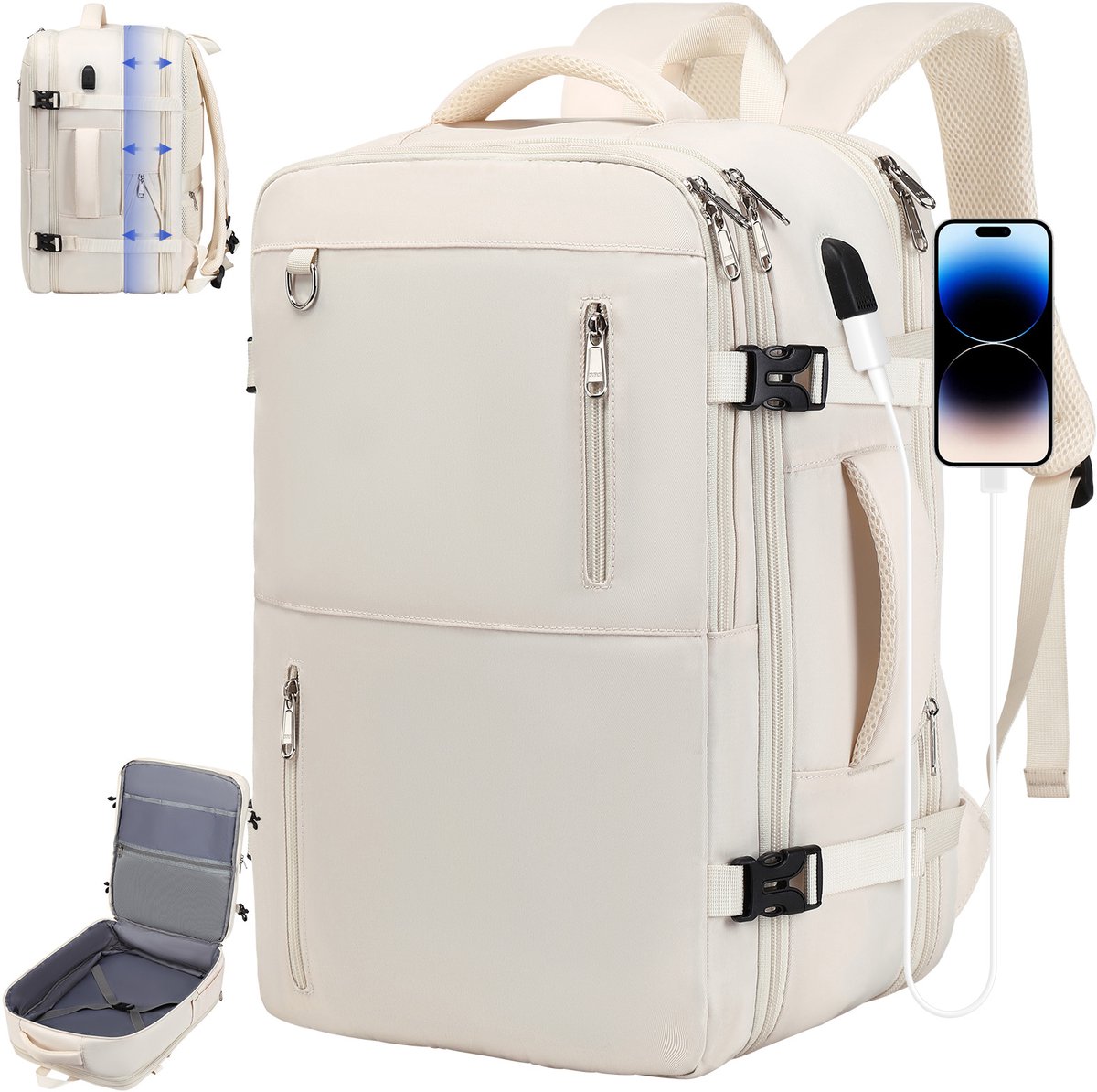 Delgeo Handbagage 40x30x20 cm Reista – Uitbreidbaar Reisrugzak 45L- Underseater Rugzak - Weekendtas - dagrugzak – Creme