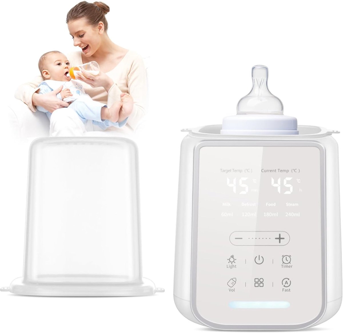 8-in-1 babyflessenwarmer, moedermelkwarmer met timer en digitaal display, nachtlampje, sterilisatiefunctie en warmhoudfunctie, voor alle flessen, nachtvoeding, pasgeborenen en borstvoeding