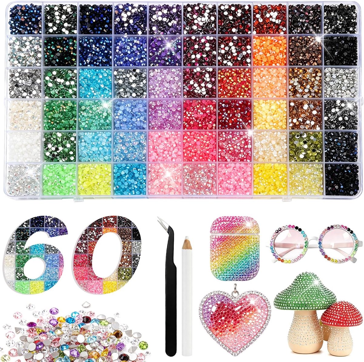 Set van 48.000 stuks, 3 mm, glitterstenen, 60 kleuren, ronde