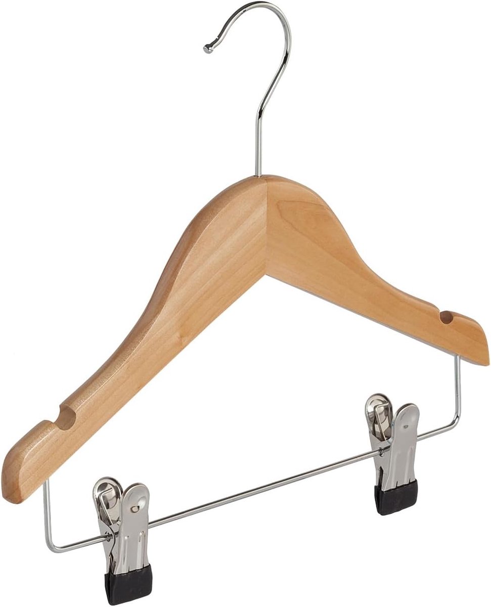 Kleerhanger, Blousehanger, set van 20 Stuks, Lotushout, Naturel, Gelakt, Rokinkepingen, Anti-slip Knijpers, Blouse, Shirt, Overhemd, Jas, 360° Draaibare Haak, 28 cm (7307BA/20)