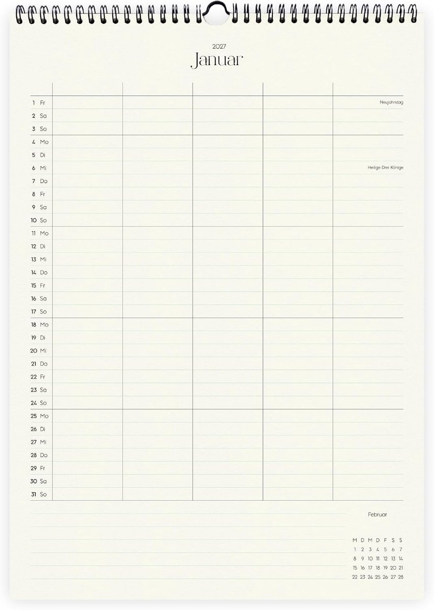 1110 Wandkalender A3, 2026, Columns 30 x 42 cm, maandkalender met feestdagen, spiraalbinding, familieplanner en kantoorkalender