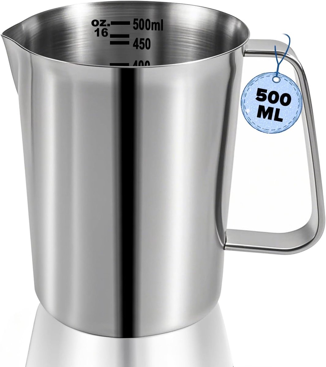 Maatbeker 0,5 l roestvrij staal, metalen maatbeker met handvat, met ounces en Ml-schaal, levensmiddelenkwaliteit 304 roestvrij staal, voor melkkannetjes, koffiepot, ijsemmer