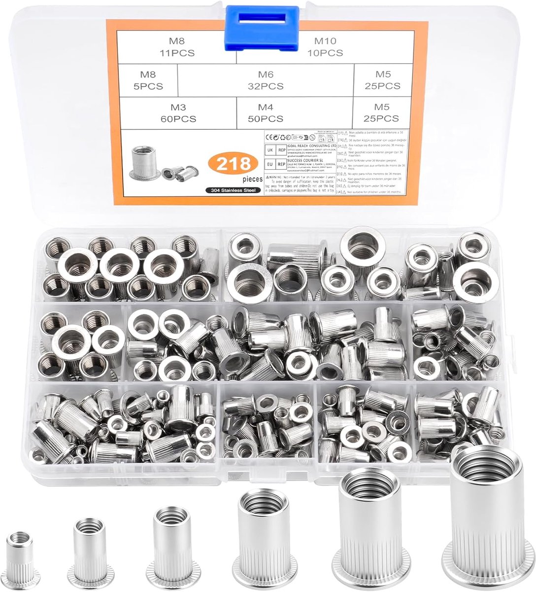 Klinkmoeren M3 M4 M5 M6 M8 M10, indrukmoeren, blindklinkmoeren, schroefdraadmoeren, inschuifmoeren, roestvrijstalen platte kop, schroefdraadhulzen, klinkmoeren, klinknagels voor metalen