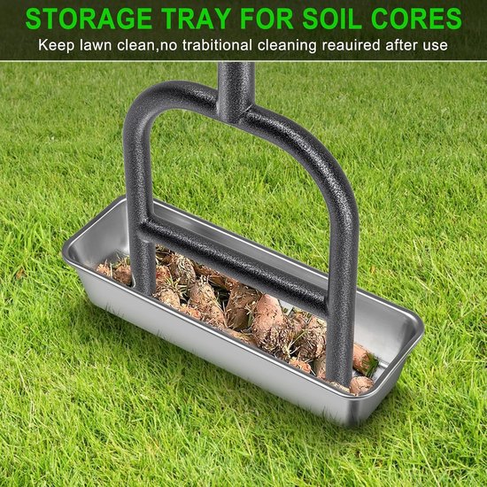 Gazonbeluchter, verbeterde kern holle tand gras beluchting tool handleiding tuin bodem plugger 4 Prong Heavy Duty Coring Beluchting Spike Driehoek Handvat met Core Opslag Tray & Clay Release — afbeelding 3