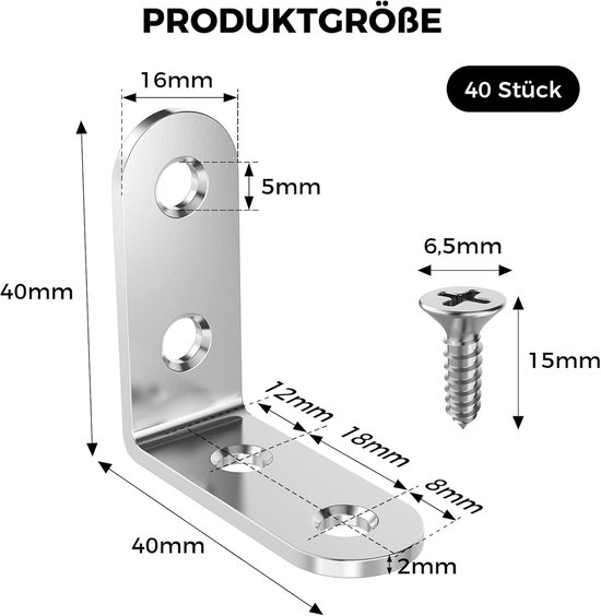 40 stuks, metaal, 90 graden, 40 x 40 mm, roestvrij staal, kleine beugels met schroeven, voor montage, meubels, tafels, stoelen, boekenkasten — afbeelding 2