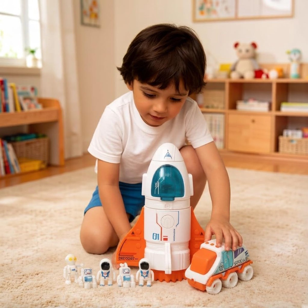 Raket speelgoed, ruimteschip, oranje speelgoed met geluid, 3 astronautenfiguren, open cockpit, uitlaat, voor kinderen