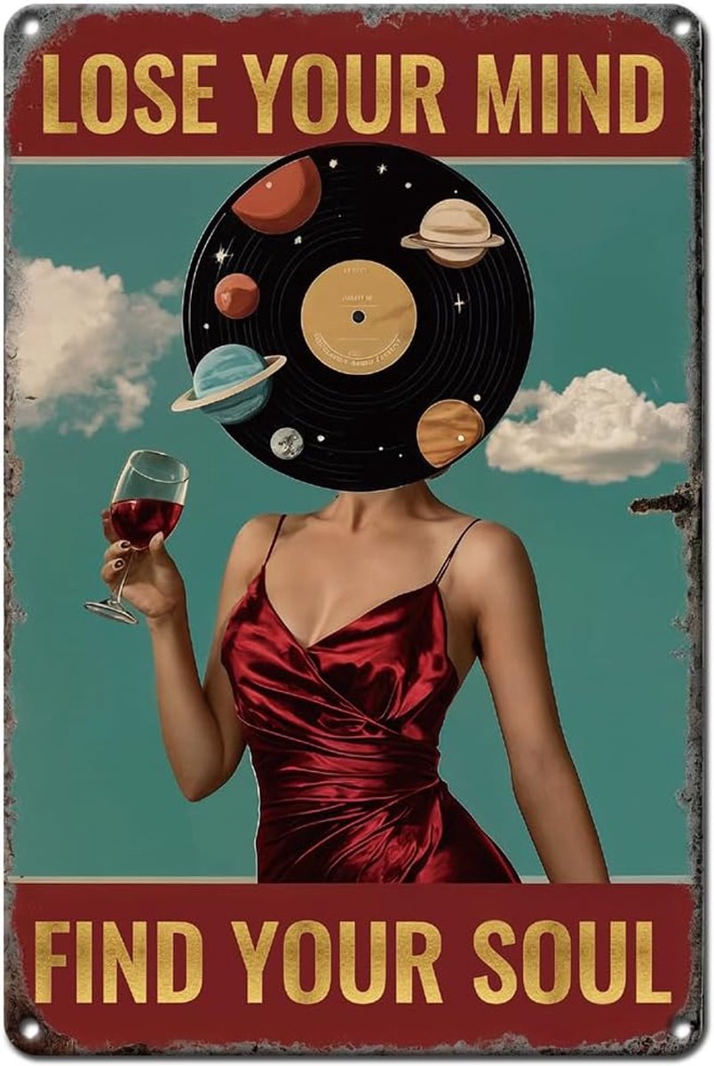Plaat vinyl plaat dame speciale planeet vintage jurk rode wijn glas wanddecoratie voor bars KTV platenwinkels pub Verlies je verstand deurbordje muziek motief 1 stuk 20 x 30 cm