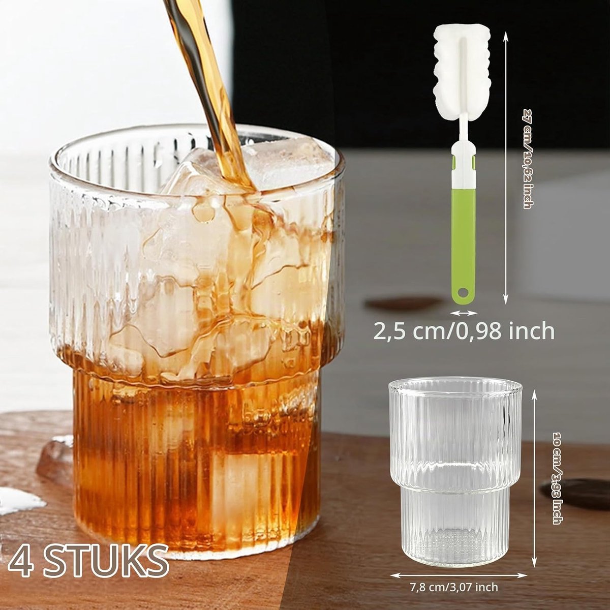 Set van 4 geribbelde glazen, koffieglazen, 300 ml, geribbelde drinkglazen, heldere ijskoffiekopjes met sponsborstel, stapelbare waterglazen voor cocktails, whisky, thee, frisdrank, koffie