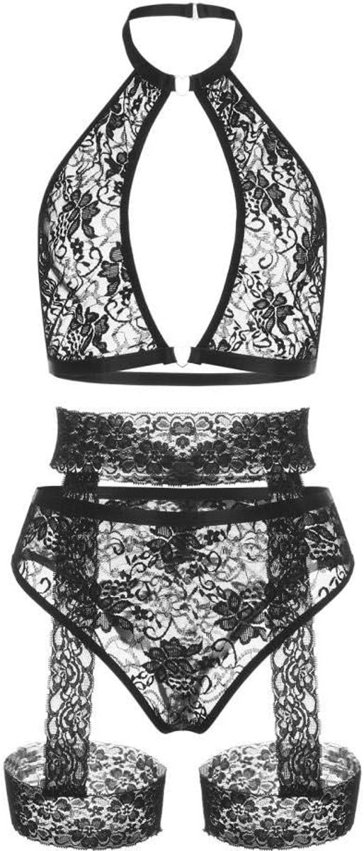 Dameskostuums Kant Sexy Lingerie Vrouwen Ondergoed Porno Beha Slips Kousenband Halter Nachtkleding Erotische Kostuum Temptation-Black_3XL