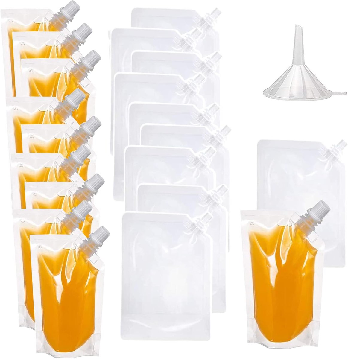 Flessen, 20 stuks, transparante drinkzak van kunststof, met 1 trechter voor wijn, camping, reizen, festivals, feestjes (250 ml)