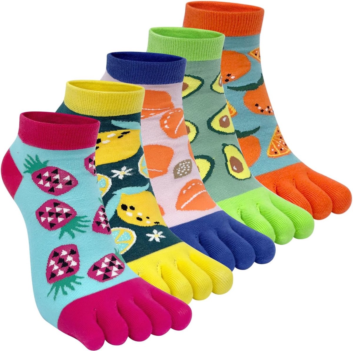 Sokken Katoenen sokken met vijf vingers Korte sokken Enkelsokken Leuke kleurrijke dierenfruitpatroon Sneakersokken Nieuwe sportsokken met tenen Enkele maat: 35-40/5 paar