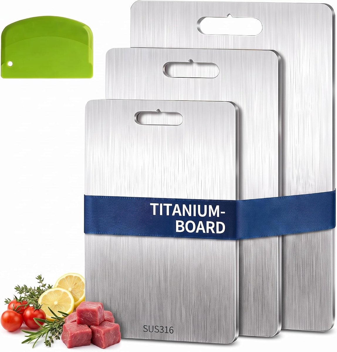 Set van 2 roestvrijstalen snijplanken, titanium snijplank voor de keuken, dubbelzijdige voedselkwaliteit voor vlees, fruit, groenten, enz., met deegschraper, gemakkelijk te reinigen (34 x 23 + 29 x 20