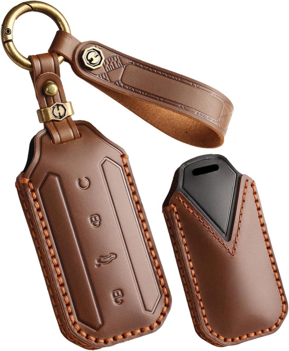 Geschikt voor Chery Omoda 5, Jaecoo 7 J7, Oumengda C7 2025, leer, sleuteletui, beschermhoes, sleutelhoes, sleutelhoes met metalen ring en leren armband, bruin