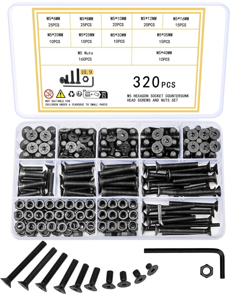 320 stuks M5 schroevenset, inbusschroeven met verzonken kop, moerset, platte kop, machineschroevenset, zwarte schroefdraadschroeven en moeren, set (M5)