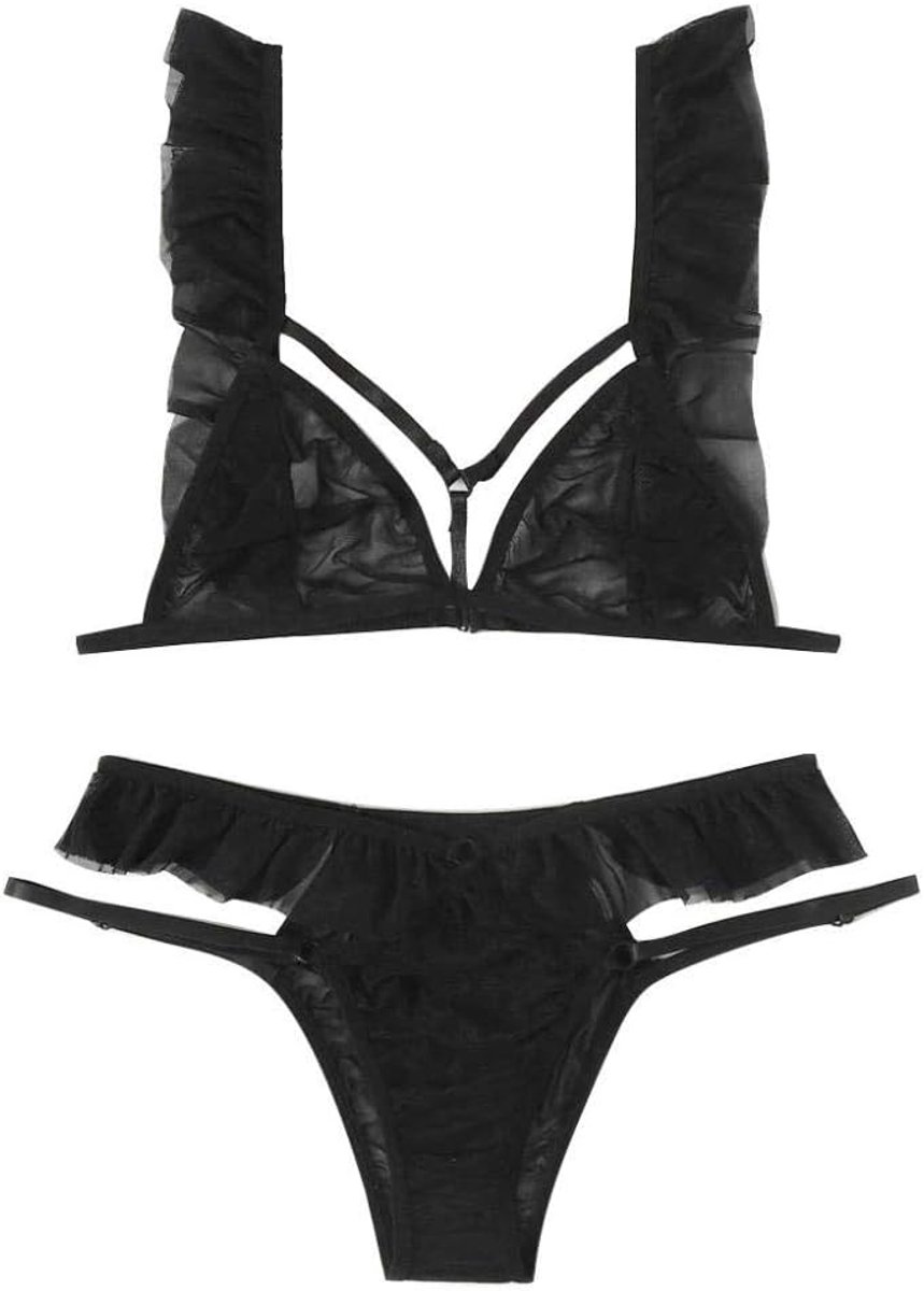 Lingeriesets dames Sexy Lingerie Transparant Kant Dames Ondergoed Set Beha String Kostuums-Black_L