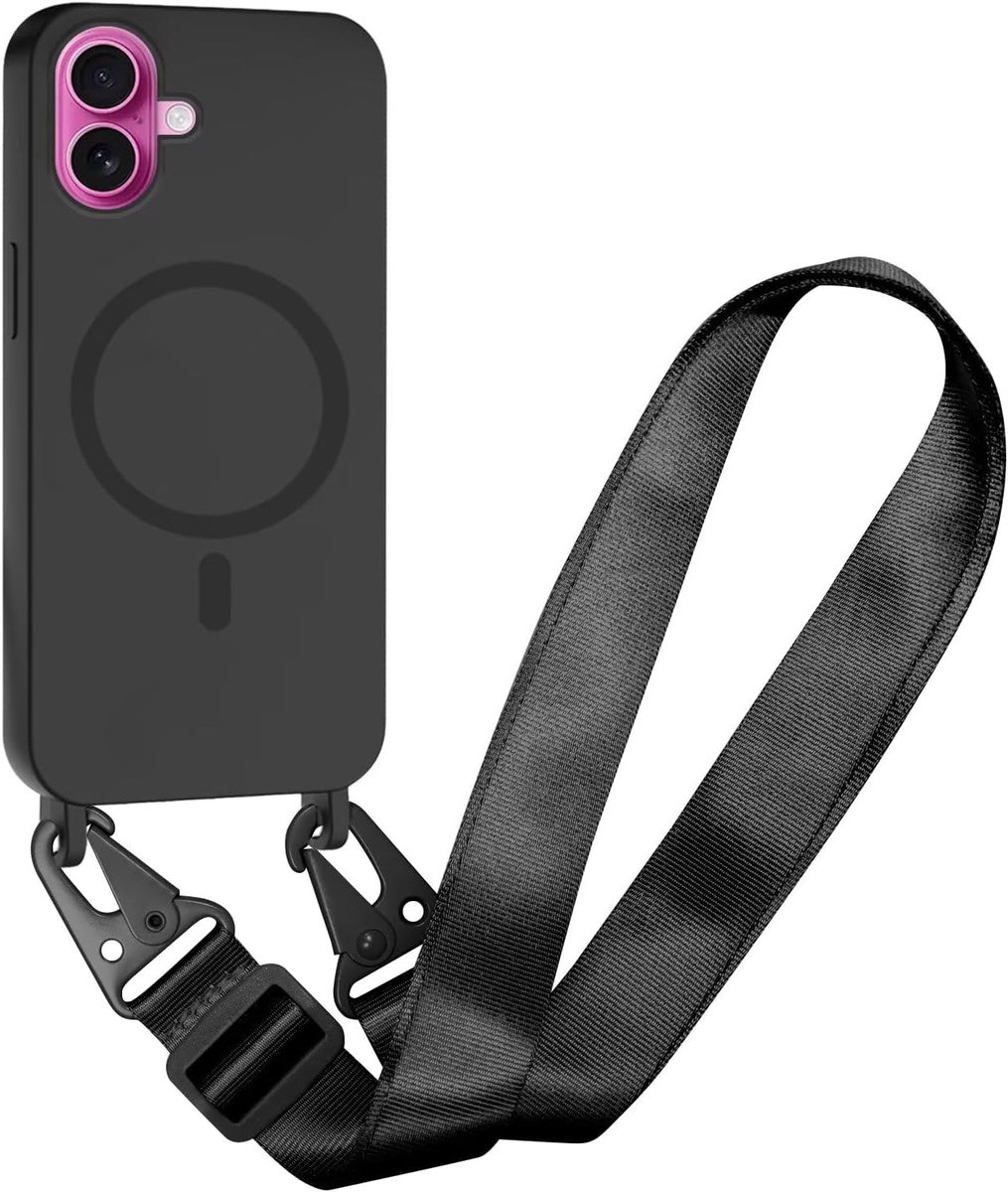 Compatibel met iPhone 16 Draadloos opladen, Schokbestendige Verwijderbare Telefoon Case met Verstelbare Nekoord Ketting Zachte Cover voor iPhone 16, Zwart