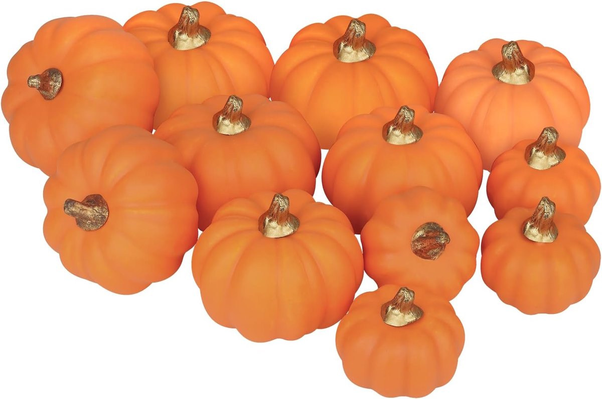 Kunstpompoenen, 12 stuks, verschillende maten, bulk, oranje, oogst, levensechte pompoenen, nepschuim, pompoenen, set voor herfst, herfst, Halloween, party, Thanksgiving, vakantie, decoratie,