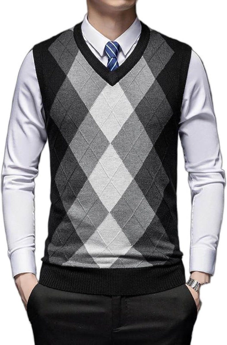 Argyle V-Hals Mouwloze Trui Trui, Herfst En Winter Heren Gebreide Trui Vest, Middelbare Leeftijd Kleur Bijpassende Verdikte Casual Heren Gebreide Trui Tanktops, Zwart, S