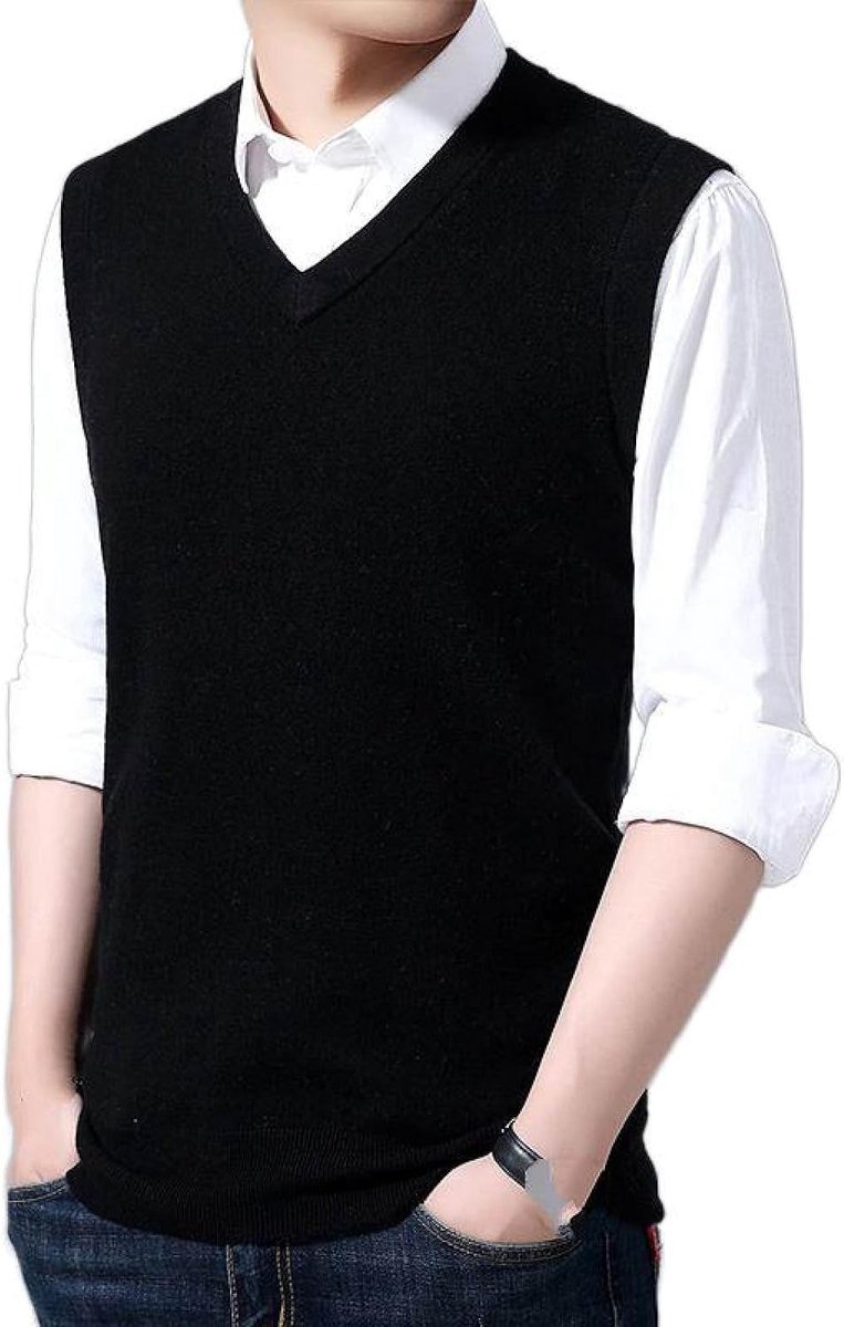 Jeugd Heren Vest Met V-Hals, Klassieke Slanke Mouwloze Pullover Trui Effen Kleur Gebreid Vest, Casual Geruite Print Business Gentleman Knitwear Vest Sweater Tank Tops, Zwart, S