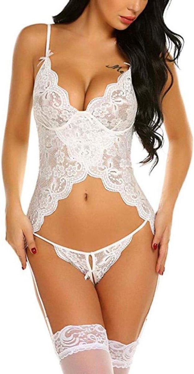 Vrouwen Sexy Lingerie Thong Verleiding Kant Diepe V Beha Nachtkleding Erotische Lingerie Porno Perspectief Dames Nachthemd-White_M