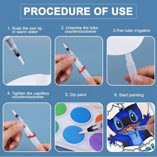 6 stuks aquarelpenselen met vulbare houder, watertankpenseel, waterstift, waterverfstiften, professionele nylon penselen, afmetingen 15,5 cm, voor schilderen op reis, licht en duurzaam — afbeelding 3