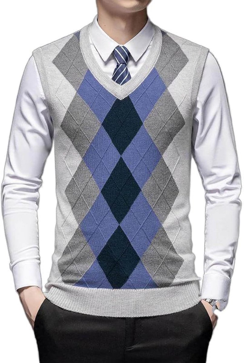 Argyle V-Hals Mouwloze Trui Trui, Herfst En Winter Heren Gebreide Trui Vest, Middelbare Leeftijd Kleur Bijpassende Verdikte Casual Heren Gebreide Trui Tanktops,Blauw,S