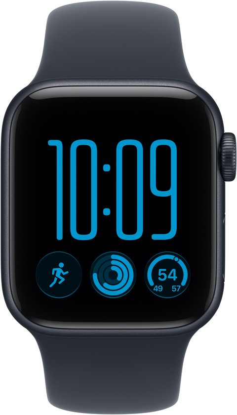 Donkerblauwe Apple Watch SE met een zwart scherm waarop 10:09, een rennend icoon, twee cirkels en '54 49 57' worden weergegeven.