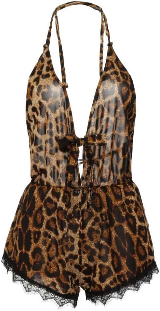 Babydolls, nachtjaponnen & negligés Vrouwen zijden satijnen pyjama luipaard print sexy lingerie kanten luipaard jumpsuit ondergoed