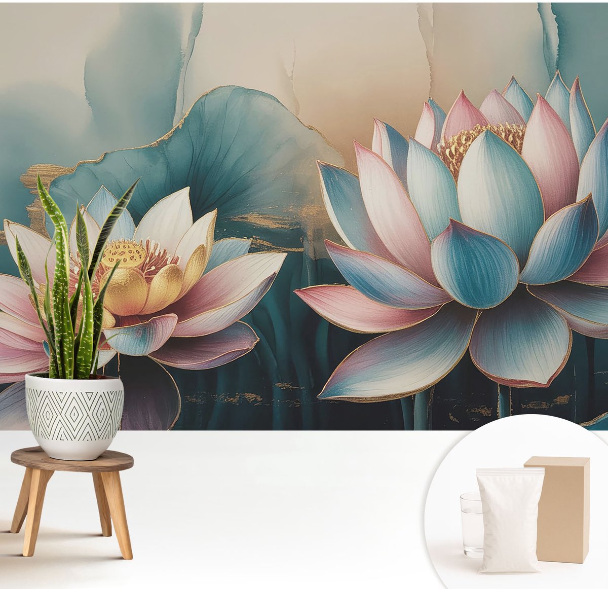 Wallfluent Fotobehang - Blauw Vliesbehang - 208x146 cm - Lotusbloemen Van Harmonie Fotobehang Vlies - Hal behang Bloemen En Planten - Muurschildering - Woonkamer behang