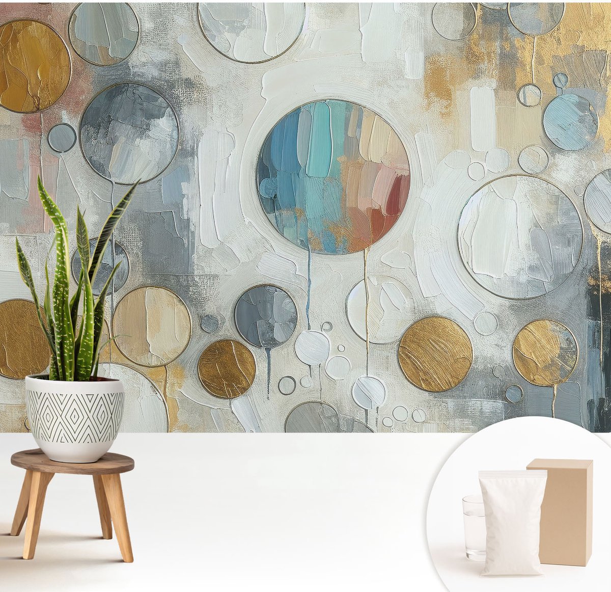 Wallfluent Fotobehang - Grijs Vliesbehang - 208x146 cm - Geometrische Cirkels Muurschildering - Gang behang Abstractie - Fotobehang Vlies - Slaapkamer behang