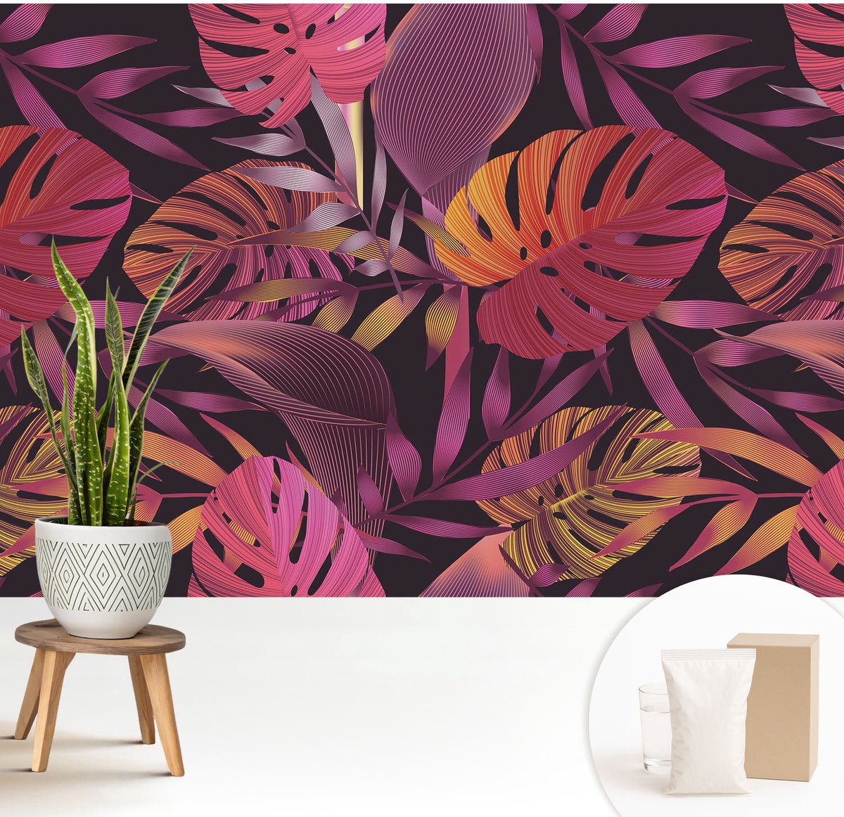 Wallfluent Fotobehang - Zwart Vliesbehang - 208x146 cm - Exotische Bladeren Fotobehang Vlies - Woonkamer behang Bloemen En Planten - Muurschildering - Woonkamer behang