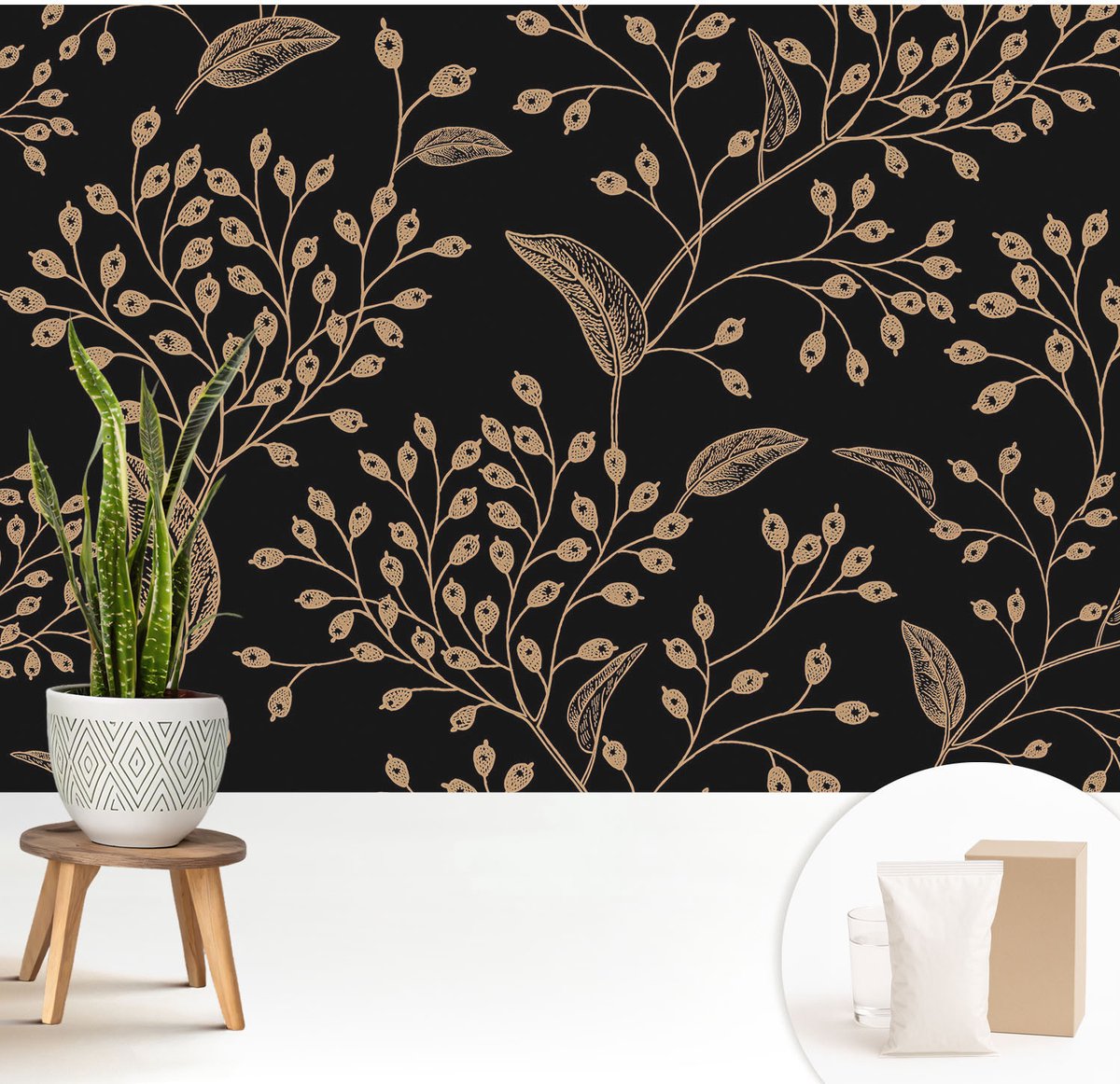 Wallfluent Fotobehang - Zwart Vliesbehang - 208x146 cm - Botanische Elegantie Fotobehang Vlies - Hal behang Bloemen En Planten - Muurschildering - Hal behang