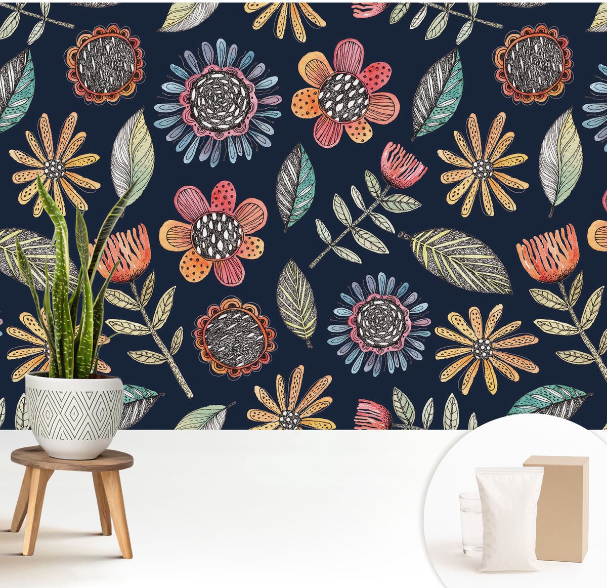 Wallfluent Fotobehang - Marine Vliesbehang - 208x146 cm - Bloemenmozaïek Muurschildering - Gang behang Bloemen En Planten - Fotobehang Vlies - Gang behang