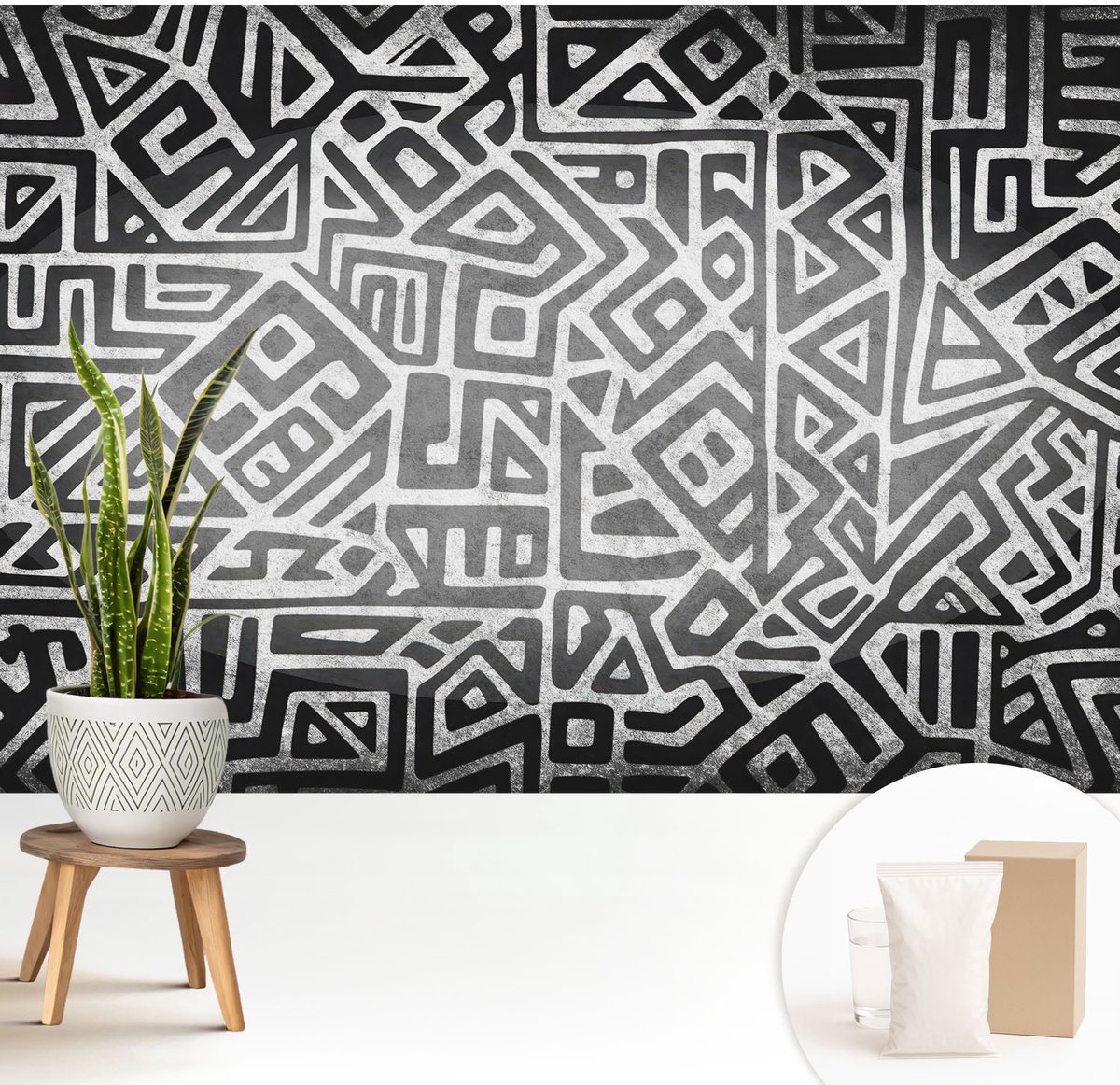 Wallfluent Fotobehang - Zwart-Wit Vliesbehang - 208x146 cm - Geometrisch Doolhof Muurschildering - Slaapkamer behang Geometrie - Fotobehang Vlies - Gang behang