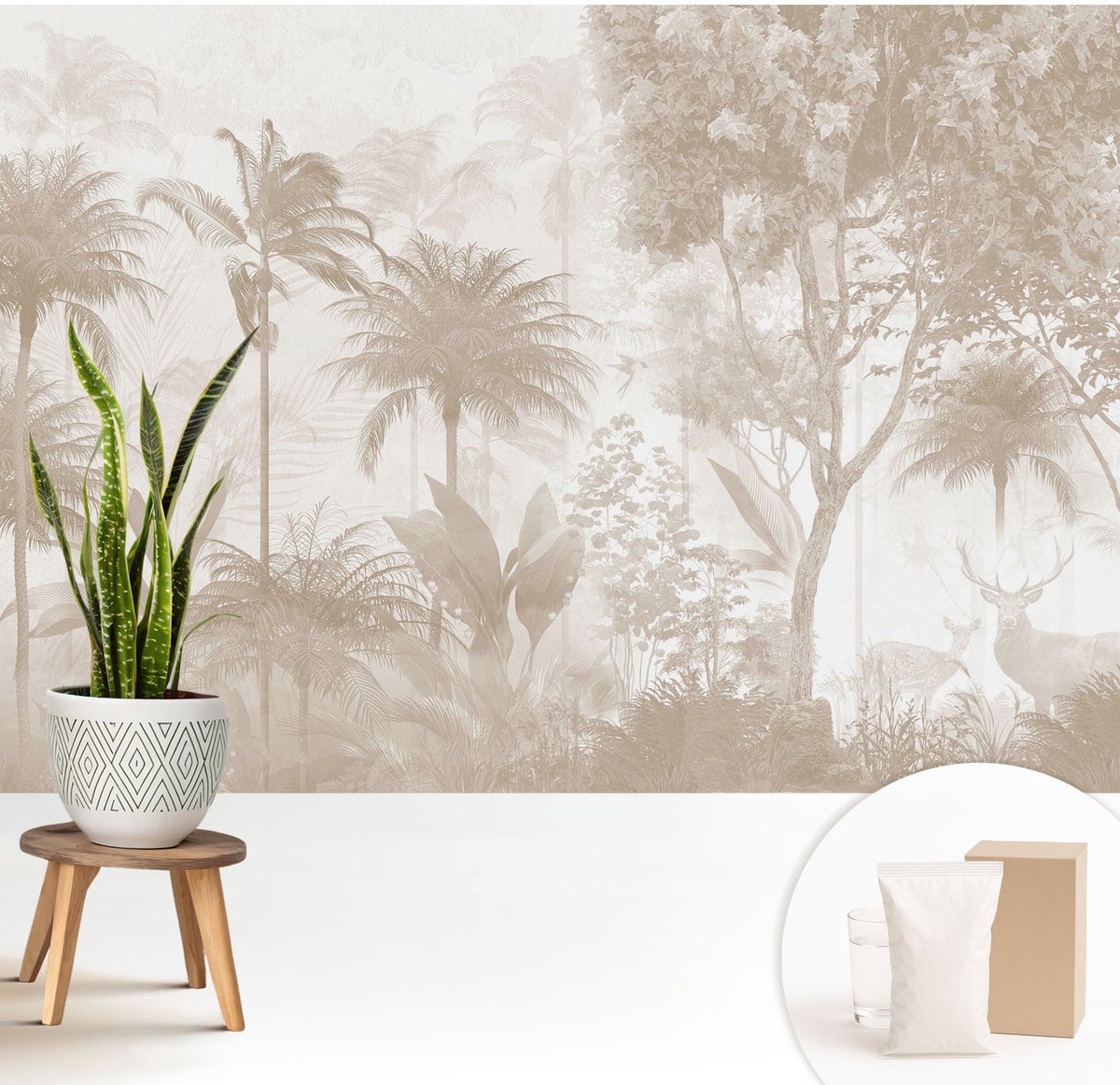 Wallfluent Fotobehang - Beige Vliesbehang - 208x146 cm - Tropisch Landschap Fotobehang Vlies - Hal behang Bloemen En Planten - Muurschildering - Woonkamer behang