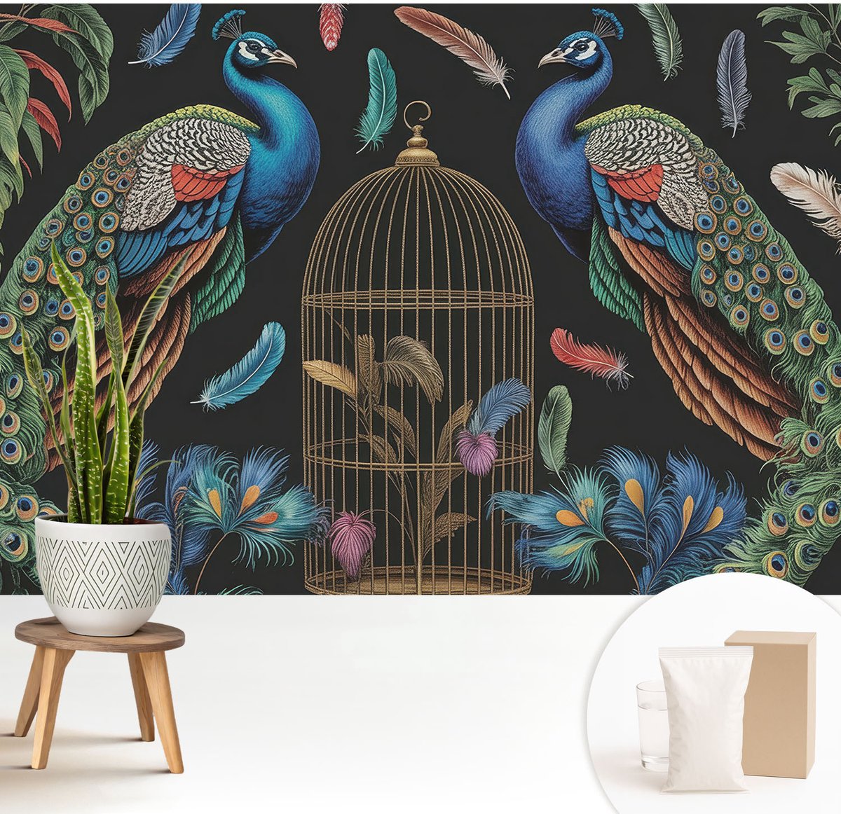 Wallfluent Fotobehang - Wit Vliesbehang - 208x146 cm - Exotische Pauwen Muurschildering - Slaapkamer behang Dieren - Fotobehang Vlies - Slaapkamer behang