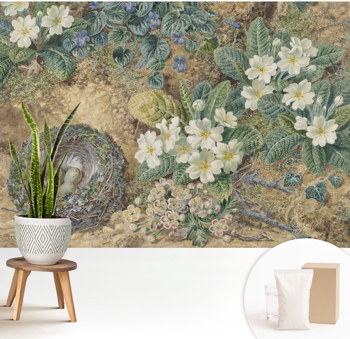 Wallfluent Fotobehang - Wit Vliesbehang - 208x146 cm - Lente Compositie Fotobehang Vlies - Woonkamer behang Bloemen En Planten - Muurschildering - Woonkamer behang