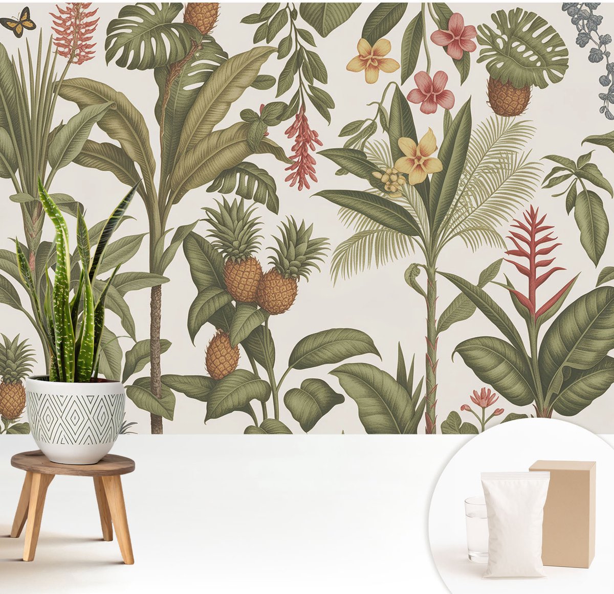 Wallfluent Fotobehang - Grijs Vliesbehang - 208x146 cm - Exotische Natuur Fotobehang Vlies - Woonkamer behang Bloemen En Planten - Muurschildering - Hal behang