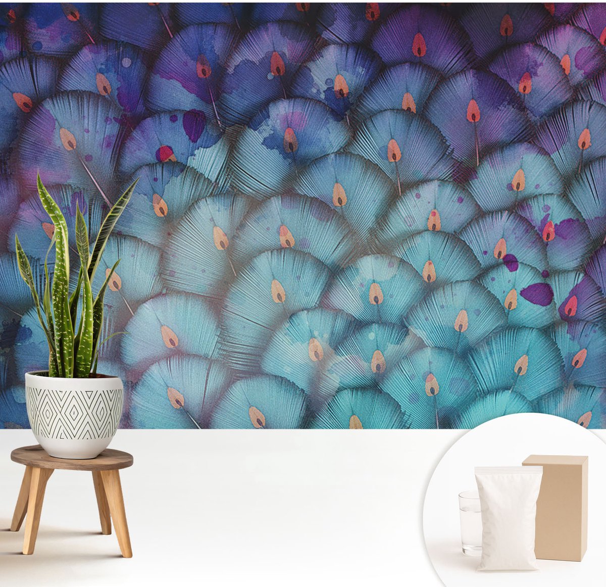 Wallfluent Fotobehang - Blauw Vliesbehang - 208x146 cm - Kleurrijke Veren Muurschildering - Slaapkamer behang Dieren - Fotobehang Vlies - Gang behang