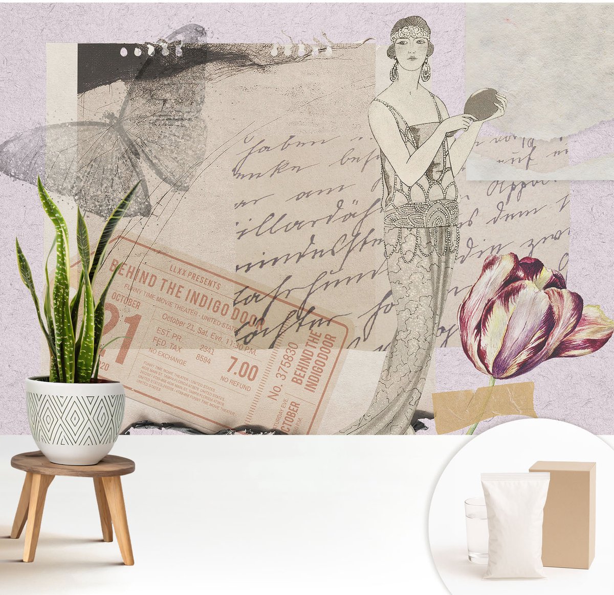 Wallfluent Fotobehang - Grijs Vliesbehang - 208x146 cm - Nostalgische Collage Fotobehang Vlies - Hal behang Deel - Muurschildering - Hal behang