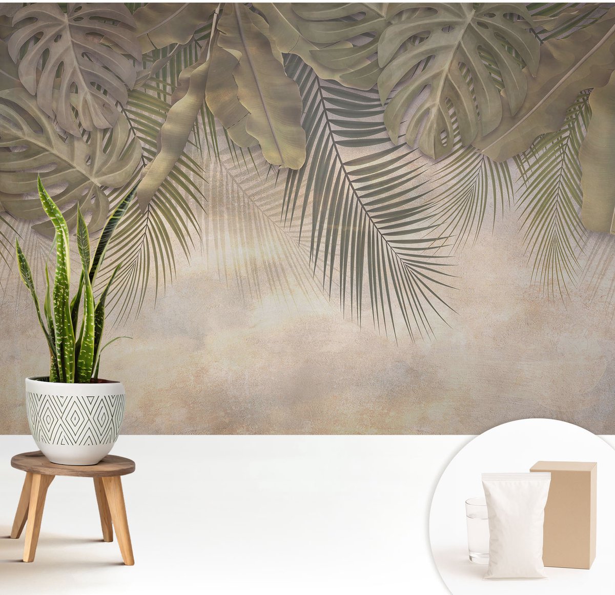 Wallfluent Fotobehang - Groente Vliesbehang - 208x146 cm - Tropische Bladeren Muurschildering - Gang behang Bloemen En Planten - Fotobehang Vlies - Slaapkamer behang