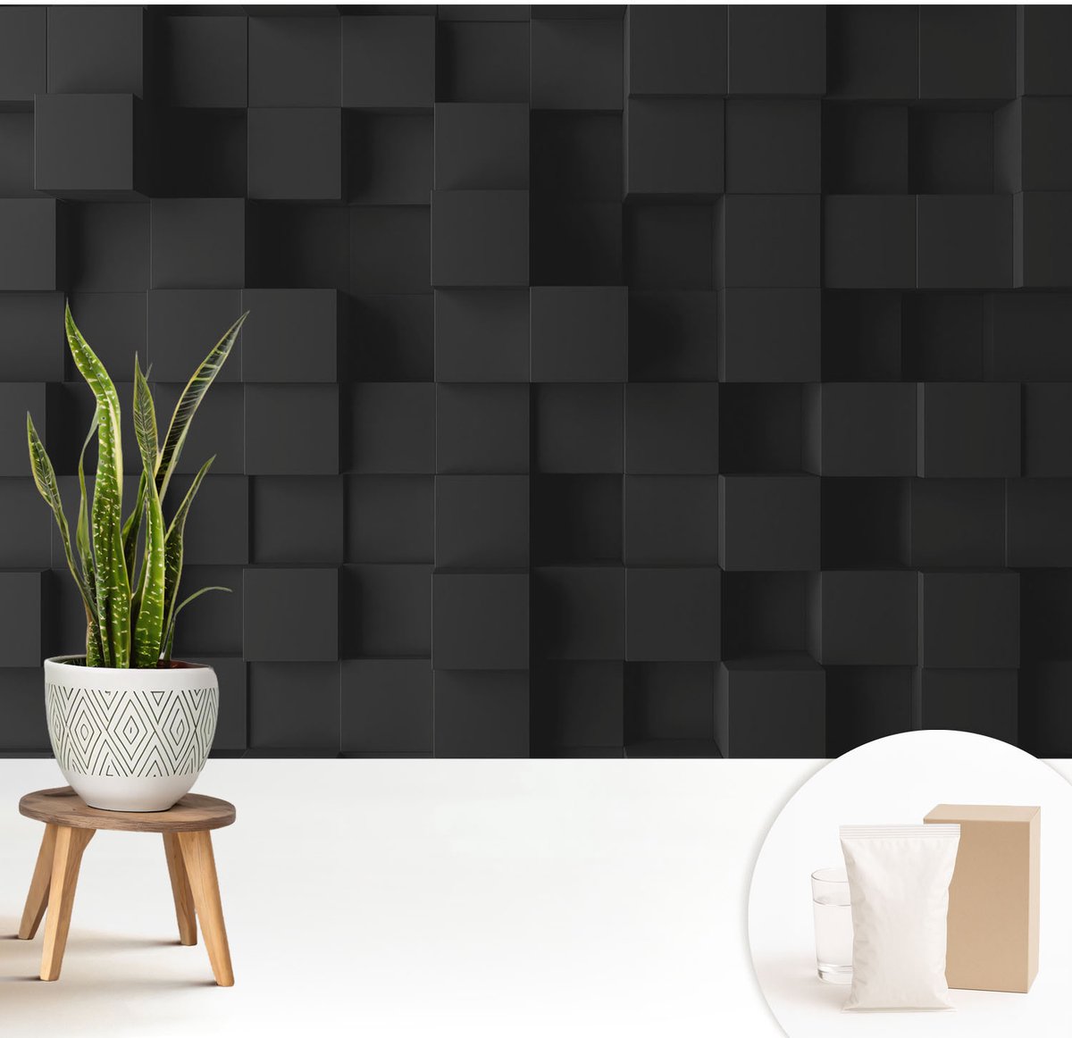 Wallfluent Fotobehang - Zwart Vliesbehang - 208x146 cm - Driedimensionale Kubussen Fotobehang Vlies - Woonkamer behang Achtergronden En Patronen - Muurschildering - Woonkamer behang