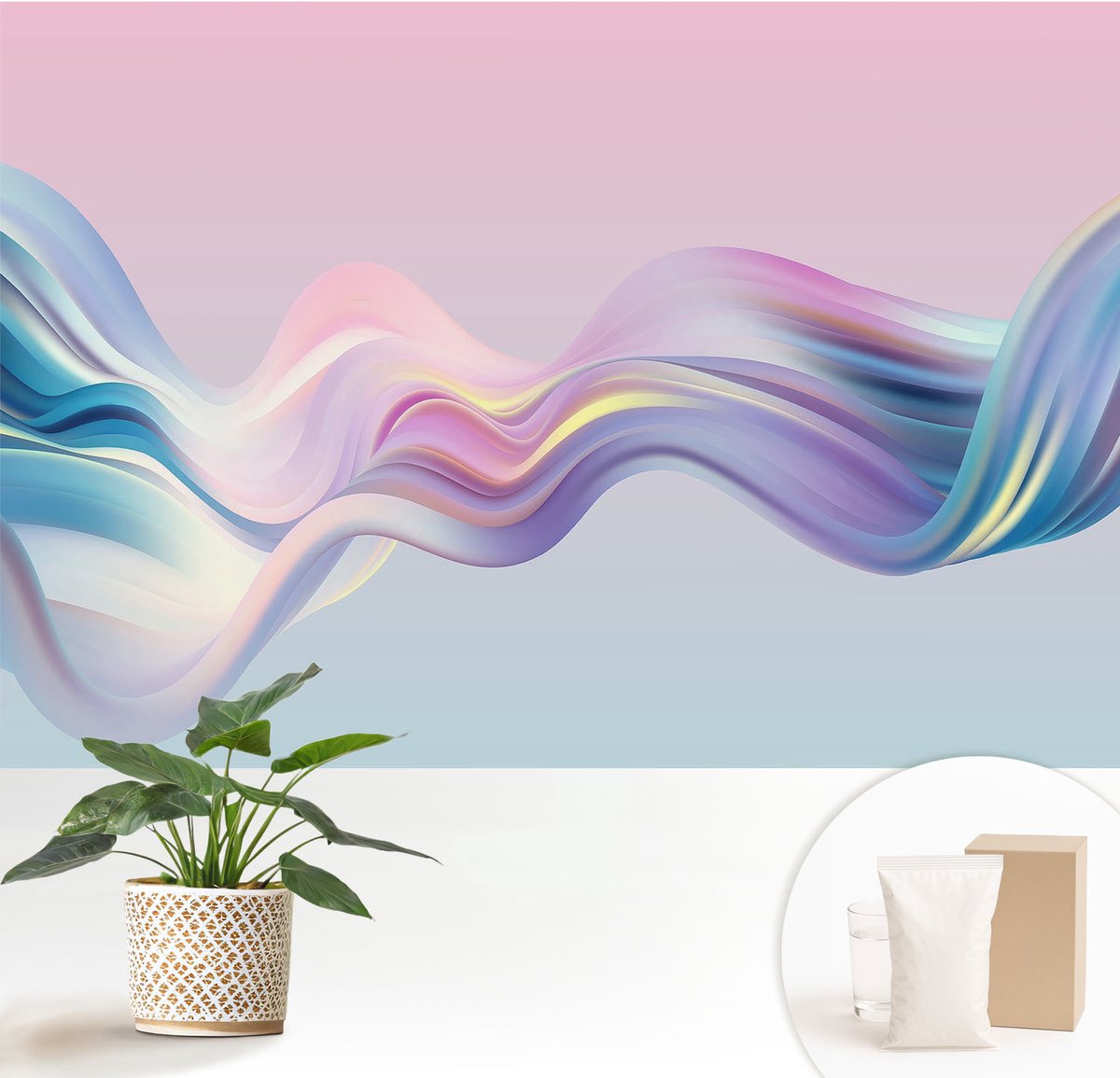 Wallfluent Fotobehang - Roze Vliesbehang - 152x104 cm - Kleurrijke Golven Muurschildering - Gang behang Abstractie - Fotobehang Vlies - Slaapkamer behang