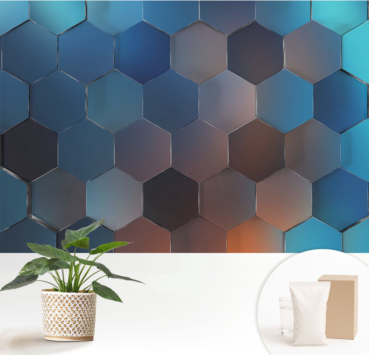 Wallfluent Fotobehang - Blauw Vliesbehang - 152x104 cm - Blauwe Zeshoeken Fotobehang Vlies - Woonkamer behang Abstractie - Muurschildering - Woonkamer behang