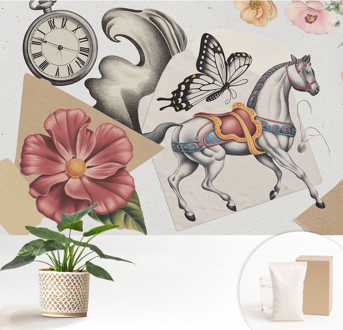 Wallfluent Fotobehang - Grijs Vliesbehang - 152x104 cm - Vintage Bloemen Muurschildering - Gang behang Deel - Fotobehang Vlies - Slaapkamer behang