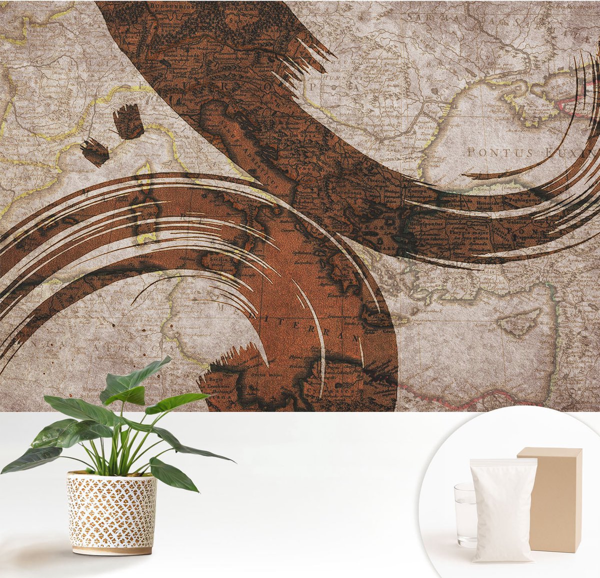 Wallfluent Fotobehang - Beige Vliesbehang - 152x104 cm - Artistieke Kaart Muurschildering - Slaapkamer behang Abstractie - Fotobehang Vlies - Slaapkamer behang