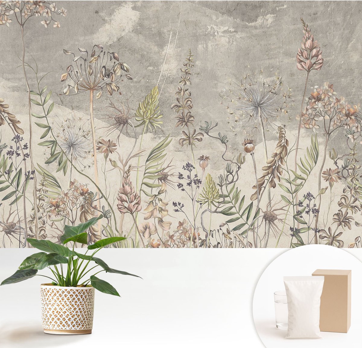 Wallfluent Fotobehang - Grijs Vliesbehang - 152x104 cm - Wilde Planten Muurschildering - Slaapkamer behang Bloemen En Planten - Fotobehang Vlies - Slaapkamer behang