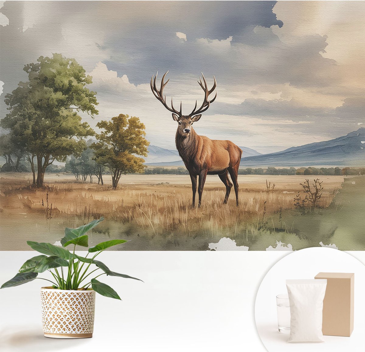 Wallfluent Fotobehang - Grijs Vliesbehang - 152x104 cm - Majestueuze Herten Muurschildering - Gang behang Landschappen - Fotobehang Vlies - Slaapkamer behang