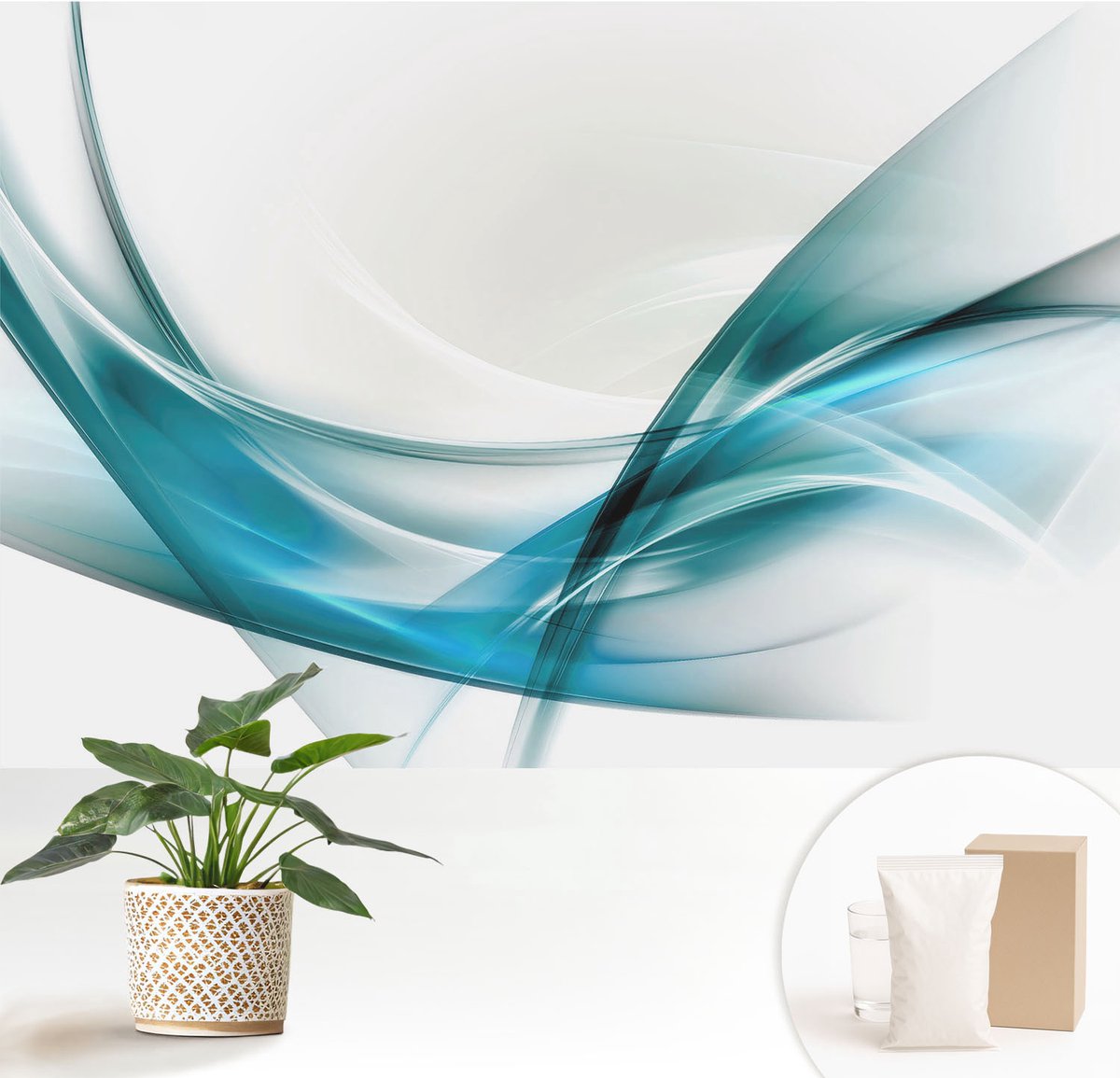 Wallfluent Fotobehang - Wit Vliesbehang - 152x104 cm - Blauwe Golven Fotobehang Vlies - Hal behang Abstractie - Muurschildering - Woonkamer behang