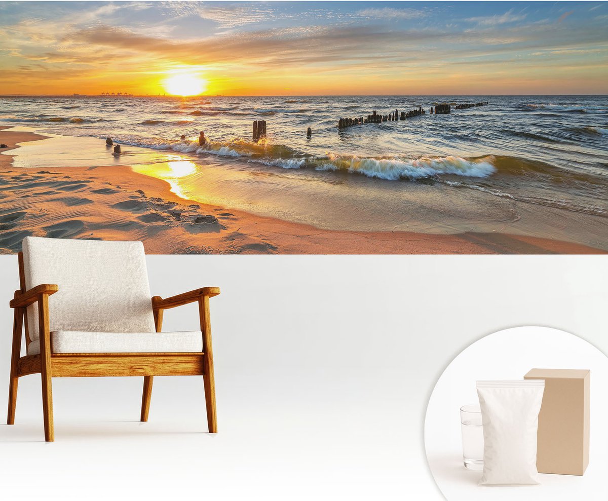 Wallfluent Fotobehang - Geel Vliesbehang - 250x104 cm - Zonsondergang Op Het Strand Muurschildering - Gang behang Landschappen - Fotobehang Vlies - Slaapkamer behang